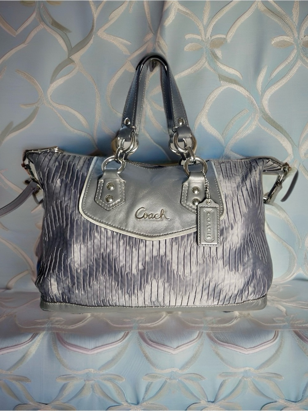 COACH Ashley Gathered Satin Satchel | Gray Silver Metallic
